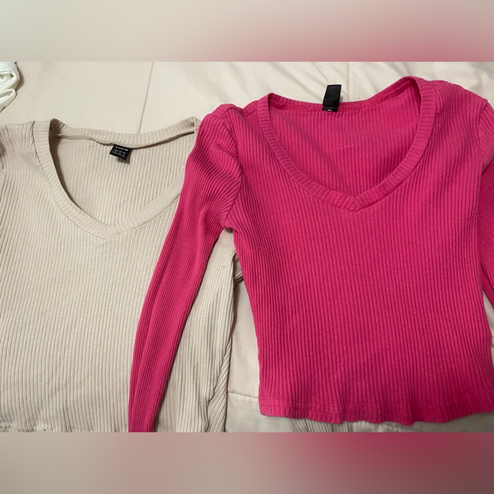SHEIN Pink and Cream Crew Neck Sweater